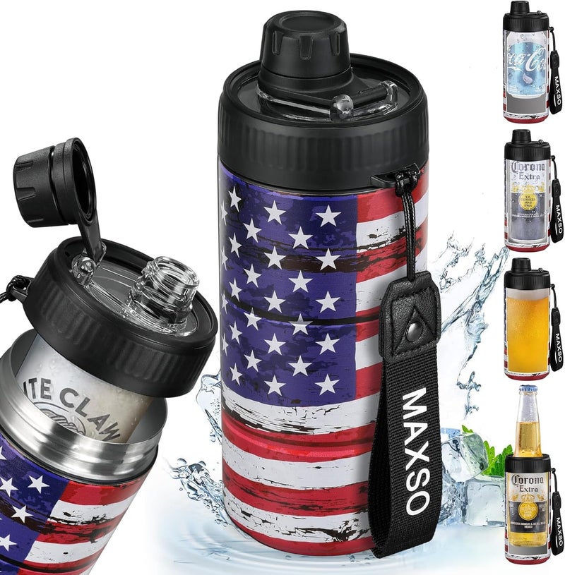 Max&So Sealed Can Cooler Fizz Lid Can Cover for 12 oz Regular, Slim Skinny Cans & As Thermal Bottle, 4-in-1 Insulated Vacuum Stainless Steel Carbonated Cold Drink Holder -America Flag - Image 1